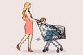 Woman carries man in supermarket carts, concept buying boyfriend and financially motivated marriages
