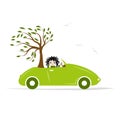 Woman carry tree by green car for your design Royalty Free Stock Photo