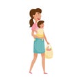Woman Carrying Baby and Shopping Bag Walking Along the Street Vector Illustration