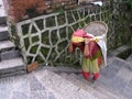 A woman carrying a basket of sand climbs the stairs of the Swayambhunath Temple, the monkey temple. Kathmandu, Nepal