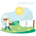 Woman carrying baskets with clean laundry to hang bed sheets outside, vector illustration Royalty Free Stock Photo