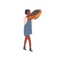 Woman carrying fruit harvest flat vector illustration. Summer and autumn crop gathering. Dark skin female farmer holding