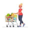 Woman is carrying a grocery cart full of groceries in the supermarket. Vector illustration Royalty Free Stock Photo