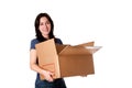 Woman carrying open moving storage box Royalty Free Stock Photo