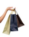 Woman carrying paper shopping bags isolated on white background. Adult woman hand hold three shopping bag with blue and brown Royalty Free Stock Photo