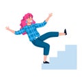 Woman cartoon character falling from stairs, flat vector illustration isolated.
