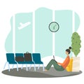 Woman cartoon character waiting in airport, vector illustration