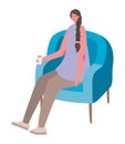 Woman cartoon drinking coffee on chair vector design