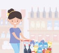 Woman cartoon with full cart in supermarket food excess purchase