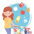 Woman cartoon with full supermarket cart food excess purchase