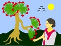 Woman cartoon touching flowers on the forest illustration Royalty Free Stock Photo