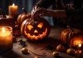 Woman carving Halloween pumpkin head jack lantern on wooden table, closeup , AI Generated Royalty Free Stock Photo