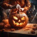 Woman carving lack-o-lantern from pumpkin. Generative ai