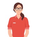 Woman cashier smiles buyer. Retail worker with uniform standing and smiling with glasses