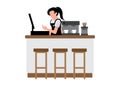 Woman cashier standing in front of the cashier desk in the coffee shop Isolated on white background