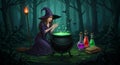 Woman Casting Spell Into Cauldron in Forest Scene with Glowing Potions Royalty Free Stock Photo
