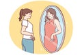 Woman in casual clothes looks in mirror and sees in reflection girl in evening dress. Vector image