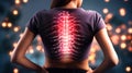 Woman in casual clothes suffering from chronic lower back pain, highlighted area showing lumbar spine and intestines, concept