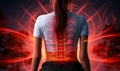 Woman in casual clothes suffering from chronic lower back pain, highlighted area showing lumbar spine and intestines, concept