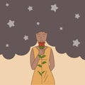 Woman in casual dress with stars in hair holding rose in hands. Flower day, women day banner design concept.