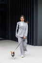 Woman in casual jacket walking with her favorite fluffy trained purebred Jack Russell Terrier dog dressed in suit for dogs near Royalty Free Stock Photo