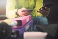 Woman in casual shirt paying with credit card online while making orders via the Internet. Royalty Free Stock Photo