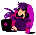 Woman with a cat on her head typing on a laptop. Funny vector illustration about freelance or work from home problems