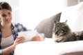 Woman and cat in the living room Royalty Free Stock Photo