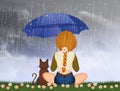 Woman with cat in the rain with umbrella