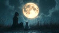 Woman and cat silhouetted against a large moon at night Royalty Free Stock Photo