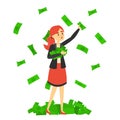 Woman catch green banknotes falling around her vector