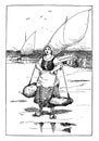 Woman Catching Live Sardines, vintage illustration