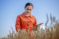 Woman caucasian technologist agronomist with tablet computer in the field of wheat checking quality and growth of crops for