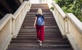 Woman Caucasian Traveler Walk Stair Concept