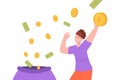 Woman celebrating earnings. Women earning and saving money, positive character magnet coin in hand, financial income