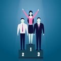 Woman celebrating victory on podium, wins over male business person, female winner Royalty Free Stock Photo