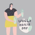 Woman with celery. Concept of healthy nutrition. World health day. Vector illustration