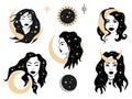 Woman celestial magic astrology esoteric illustration set.