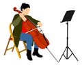 Woman cellist vector siting and playing cello on white background.