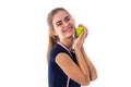 Woman with centimeter holding an apple Royalty Free Stock Photo