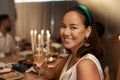 Woman, champagne and party portrait with dinner to celebrate new year, friends get together and social event with Royalty Free Stock Photo