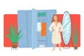 Woman changes into a bathrobe near lockers in the dressing room. Spa, beauty salon, massage preparation. Vector bright