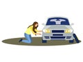 A woman changes the wheel of a car. Tire service. In minimalist style. Cartoon flat Royalty Free Stock Photo