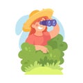 Woman Character with Binoculars Behind Bush Looking Into the Distance Vector Illustration Royalty Free Stock Photo