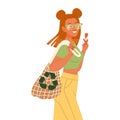 Woman Character Caring about Planet Carrying Reusable Shopping Bag Saving Ecosystem Vector Illustration