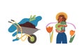 Woman Character Caring about Planet with Light Bulb and Wheelbarrow with Soil as Saving Ecosystem Vector Set