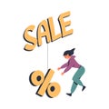 Woman Character Chasing After Discount Percentage Sign on Hook Vector Illustration