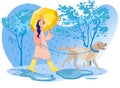 Woman Character in Cloak and Boots Walk with Dog Royalty Free Stock Photo