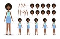 Woman character constructor for animation with various views, poses, emotions. Cartoon African American woman Royalty Free Stock Photo
