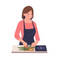 Woman Character Cooking at Home Standing at Table Chopping Onion with Knife Vector Illustration